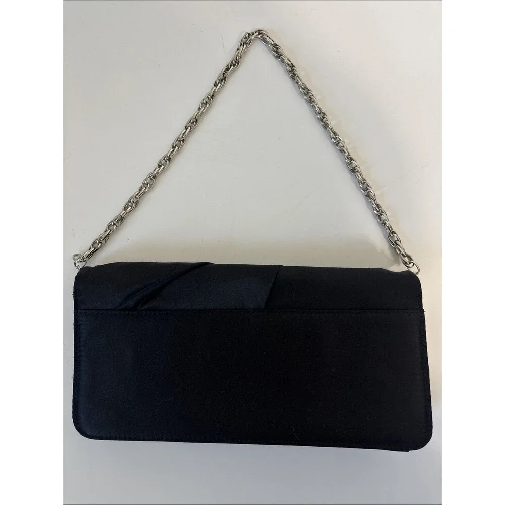 White House Black Market Black Satin Twist Front Evening Clutch w/Silver Chain - Picture 2 of 16